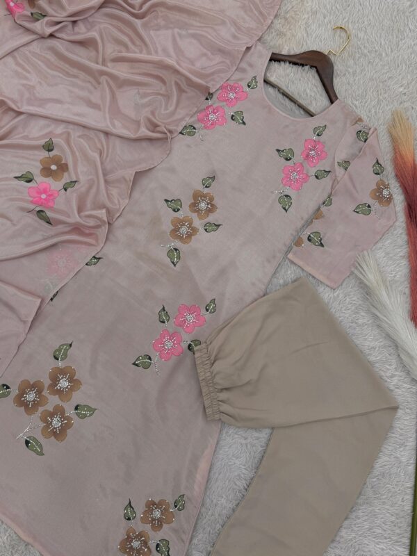 blush pink kurta with floral embroidery and matching dupatta with pants for women festive wear