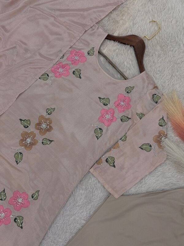 blush pink kurta with floral embroidery and matching dupatta with pants for women festive wear