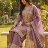 lavender embroidered kurta palazzo set with dupatta and heavy zari work for women wedding and festive wear for women festive wear