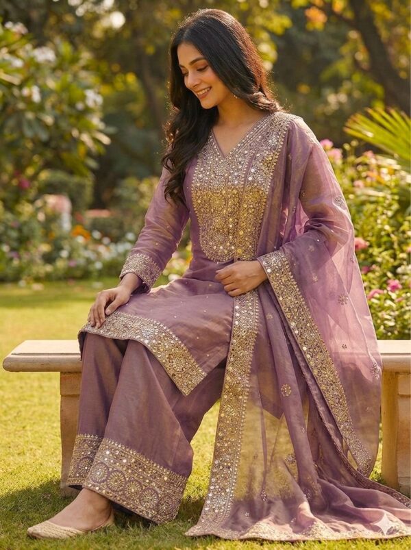 lavender embroidered kurta palazzo set with dupatta and heavy zari work for women wedding and festive wear for women festive wear