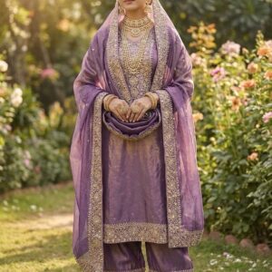 lavender embroidered kurta palazzo set with dupatta and heavy zari work for women wedding and festive wear for women festive wear