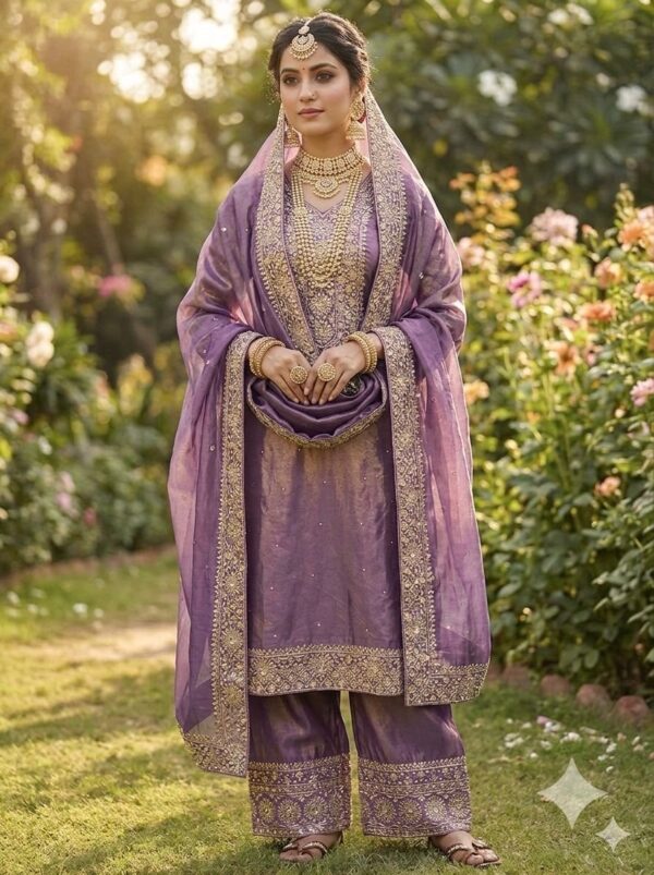 lavender embroidered kurta palazzo set with dupatta and heavy zari work for women wedding and festive wear for women festive wear