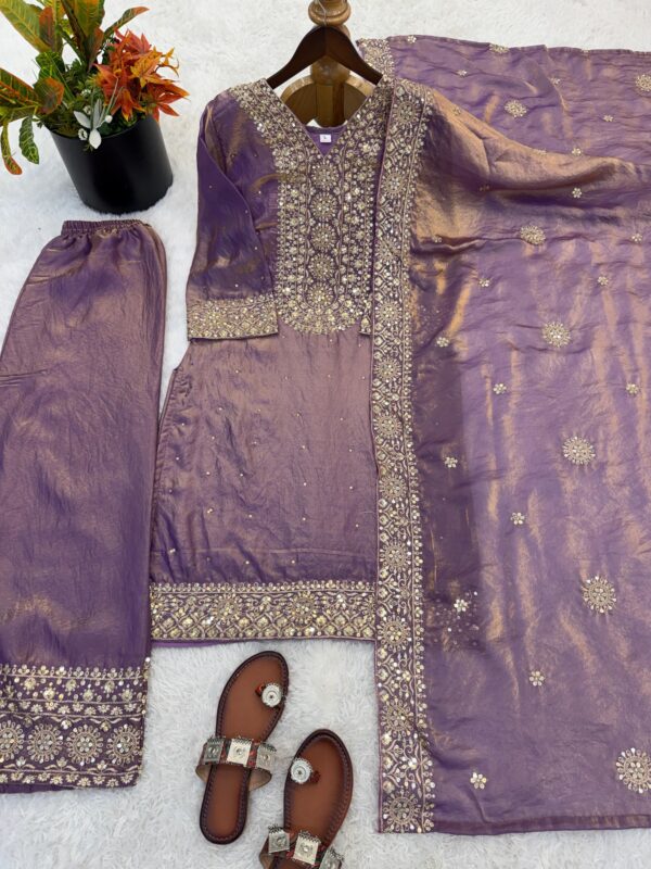 lavender embroidered kurta palazzo set with dupatta and heavy zari work for women wedding and festive wear for women festive wear