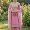 lavender embroidered kurta palazzo set with dupatta and heavy zari work for women wedding and festive wear for women festive wear