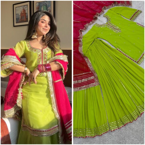 lime green kurta sharara set with pink dupatta and embroidery for women festive and wedding wear ethnic outfit for women festive wear