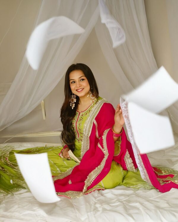 lime green kurta sharara set with pink dupatta and embroidery for women festive and wedding wear ethnic outfit for women festive wear