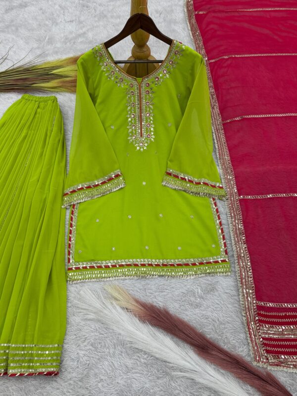 lime green kurta sharara set with pink dupatta and embroidery for women festive and wedding wear ethnic outfit for women festive wear