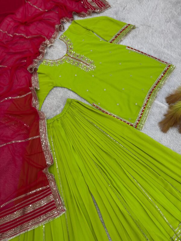 lime green kurta sharara set with pink dupatta and embroidery for women festive and wedding wear ethnic outfit for women festive wear