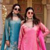 teal and pink embroidered kurta sets with dupatta for women festive wear designer ethnic outfits combo for women festive wear