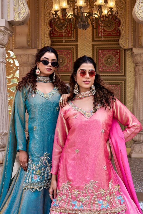 teal and pink embroidered kurta sets with dupatta for women festive wear designer ethnic outfits combo for women festive wear