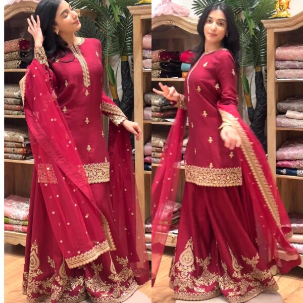 Wine Red Embroidered Kurta Sharara Set with Dupatta for women festive wear