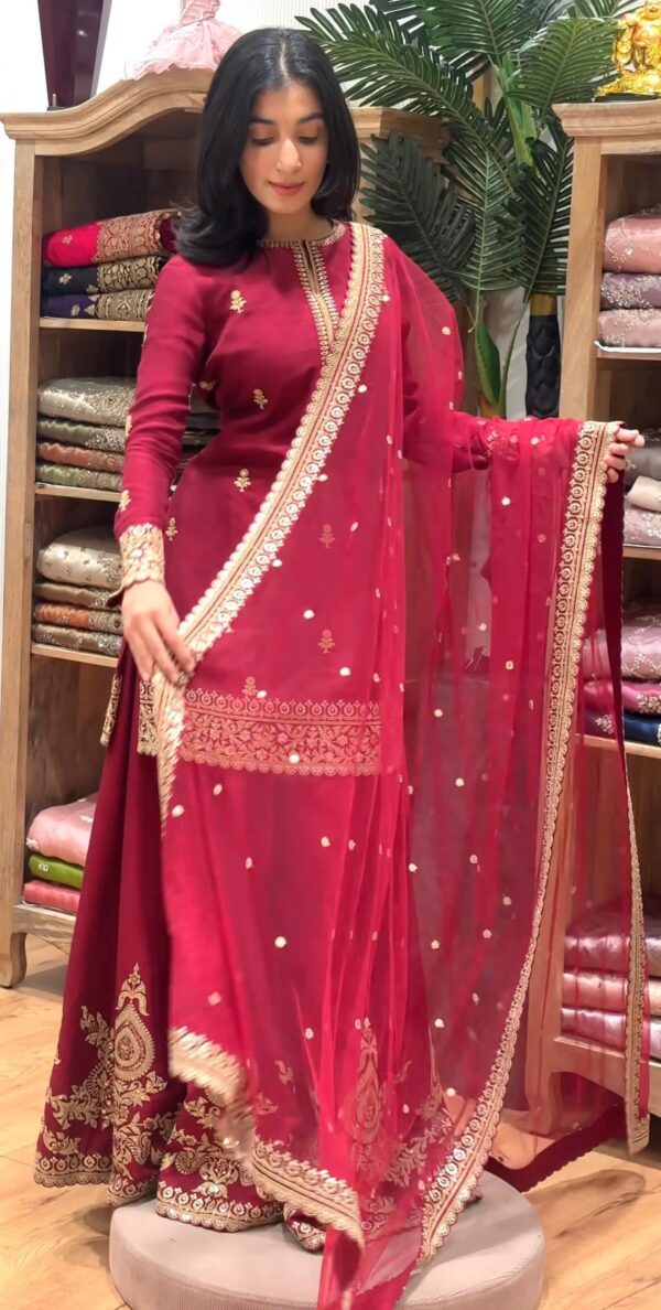 Wine Red Embroidered Kurta Sharara Set with Dupatta for women festive wear