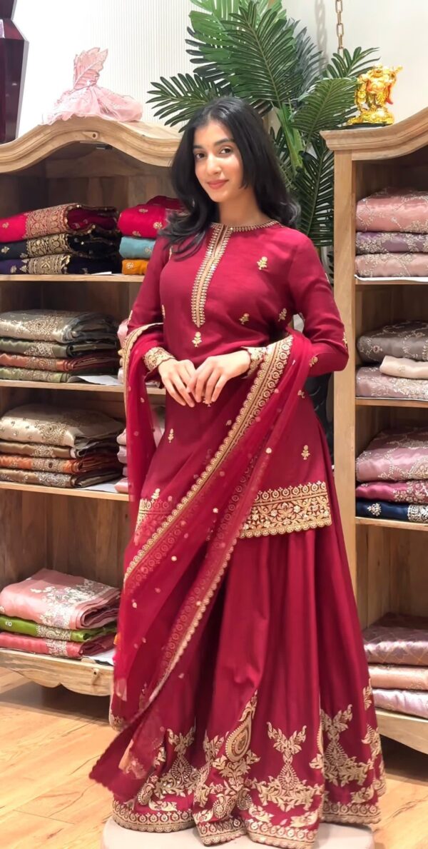 Wine Red Embroidered Kurta Sharara Set with Dupatta for women festive wear