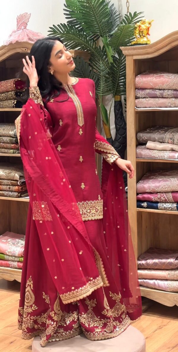 Wine Red Embroidered Kurta Sharara Set with Dupatta for women festive wear