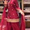 Wine Red Embroidered Kurta Sharara Set with Dupatta for women festive wear