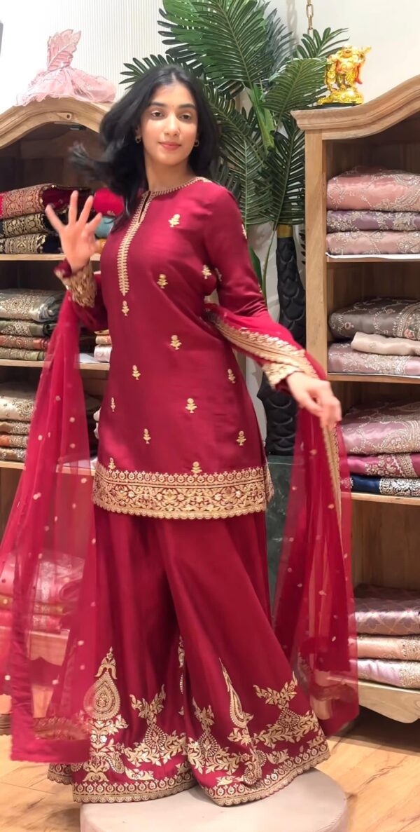 Wine Red Embroidered Kurta Sharara Set with Dupatta for women festive wear