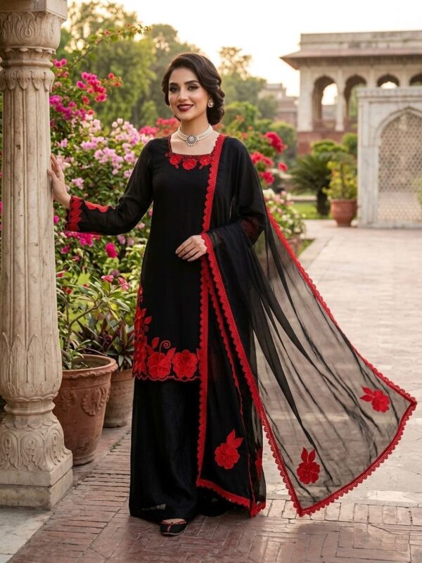 Elegant Black Embroidered Kurta Palazzo Set with Dupatta for women festive wear