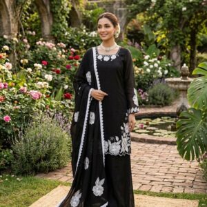 Elegant Black Embroidered Kurta Palazzo Set with Dupatta for women festive wear