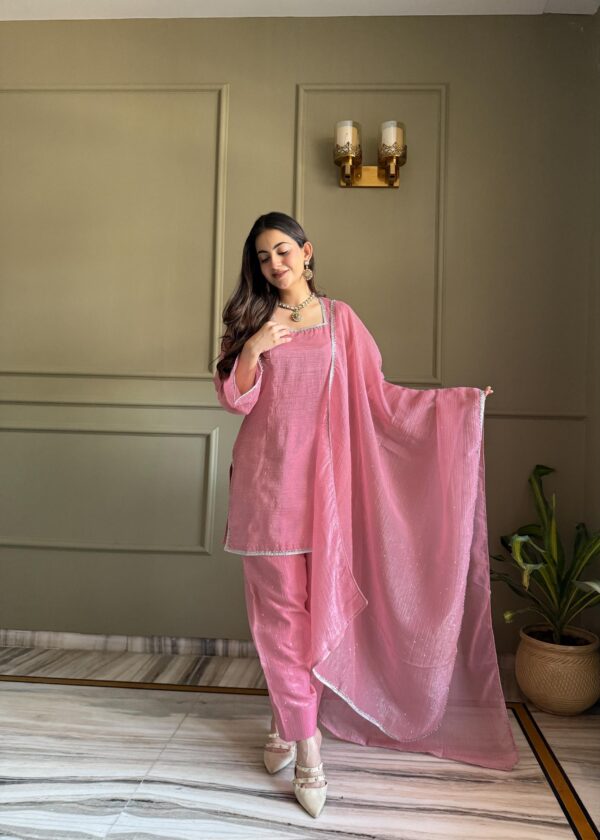 Soft Pink Elegant Kurta Pant Set with Dupatta for women festive wear