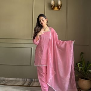 Home Soft Pink Elegant Kurta Pant Set with Dupatta for women festive wear
