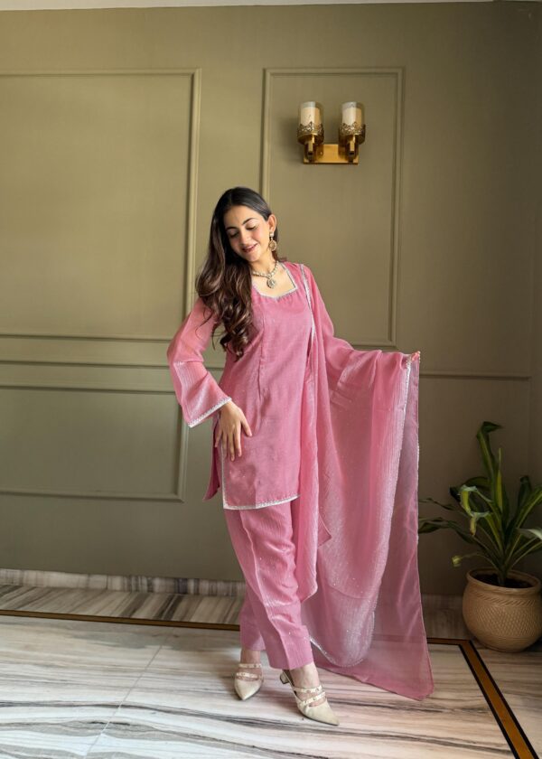 Soft Pink Elegant Kurta Pant Set with Dupatta for women festive wear