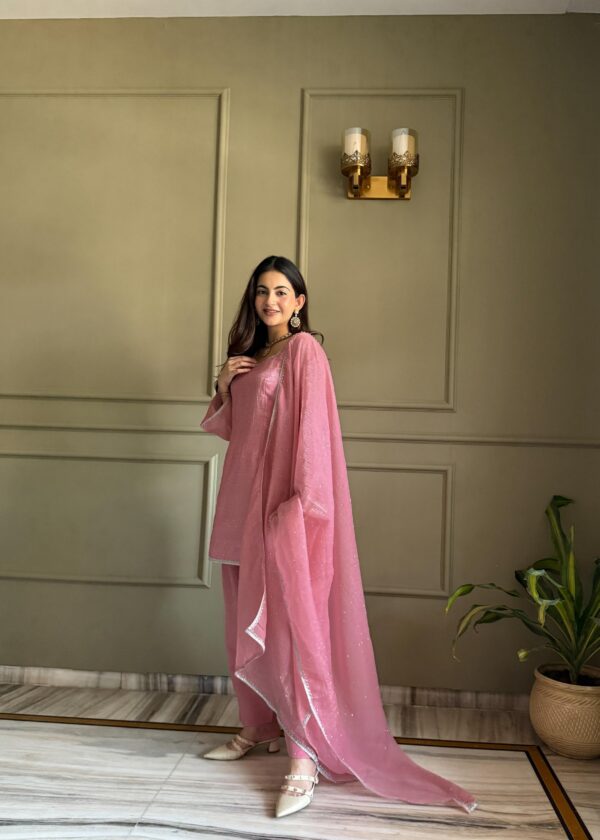 Soft Pink Elegant Kurta Pant Set with Dupatta for women festive wear