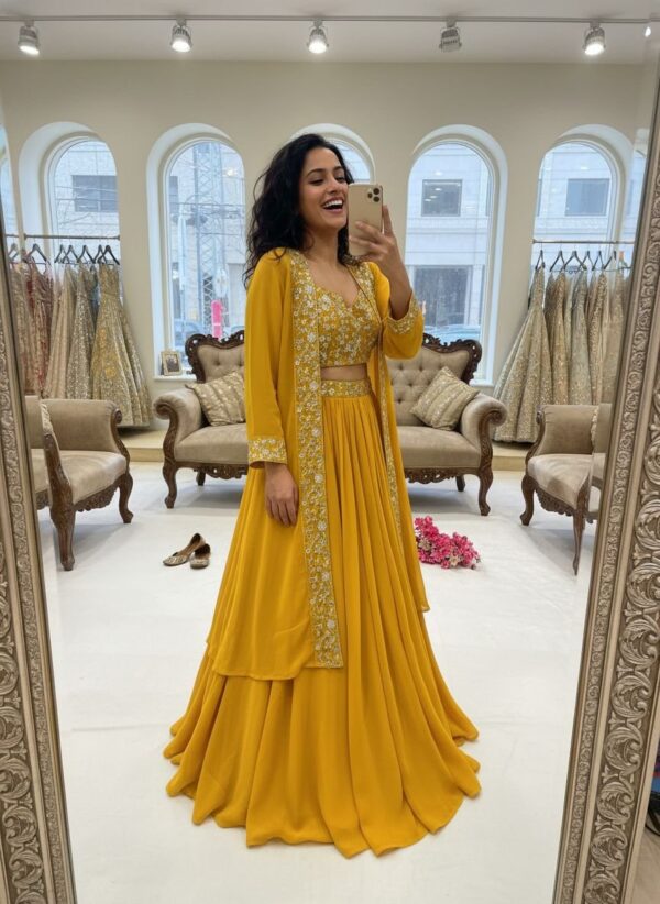 Mustard Yellow Designer Lehenga Set with Embroidered Jacket for women festive wear