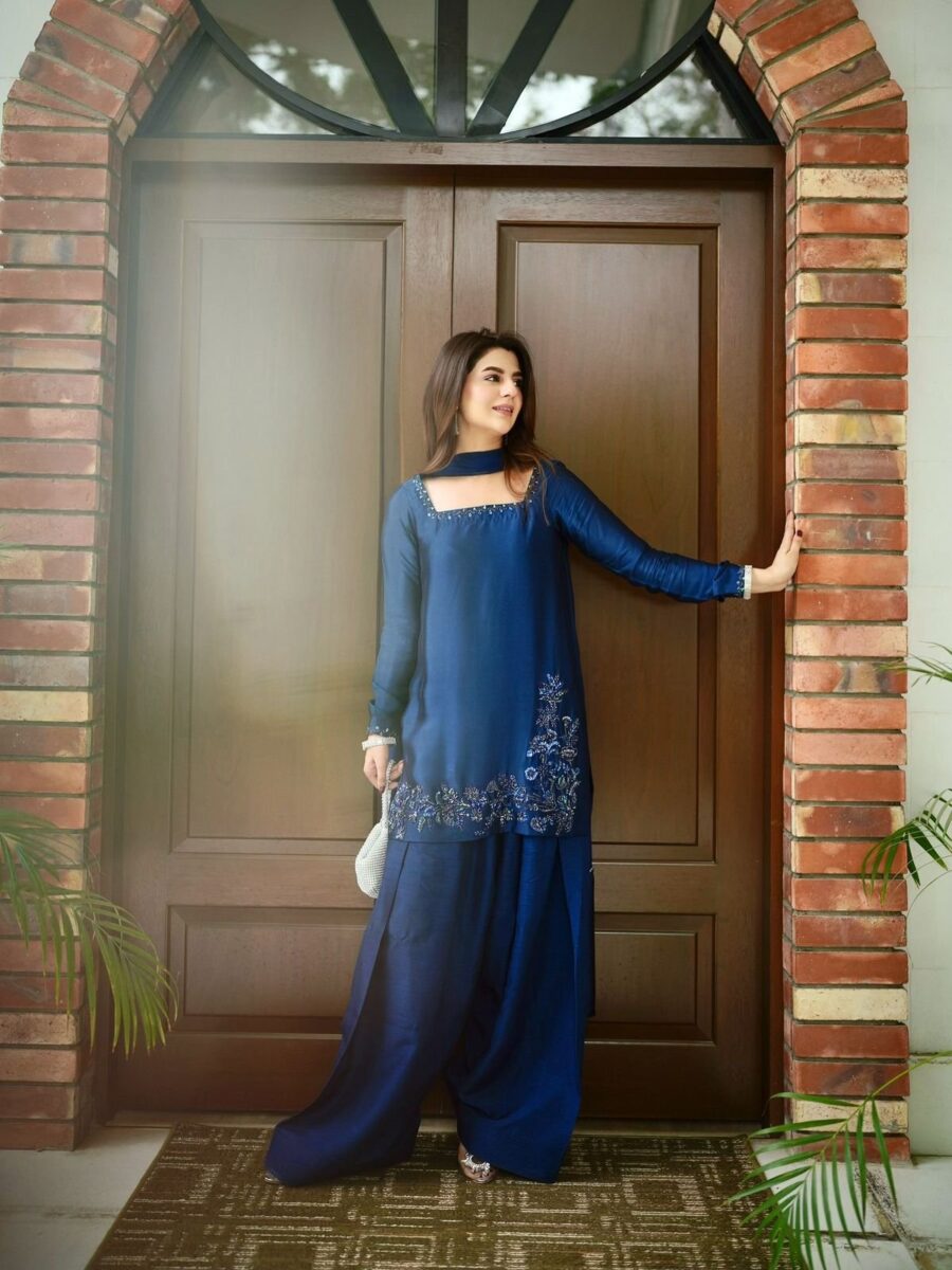 Navy blue embroidered kurti set with palazzo pants for women ethnic wear India for women festive wear