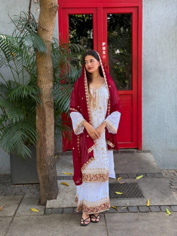 Elegant White Embroidered Kurta Sharara Set with Red Dupatta for women festive wear