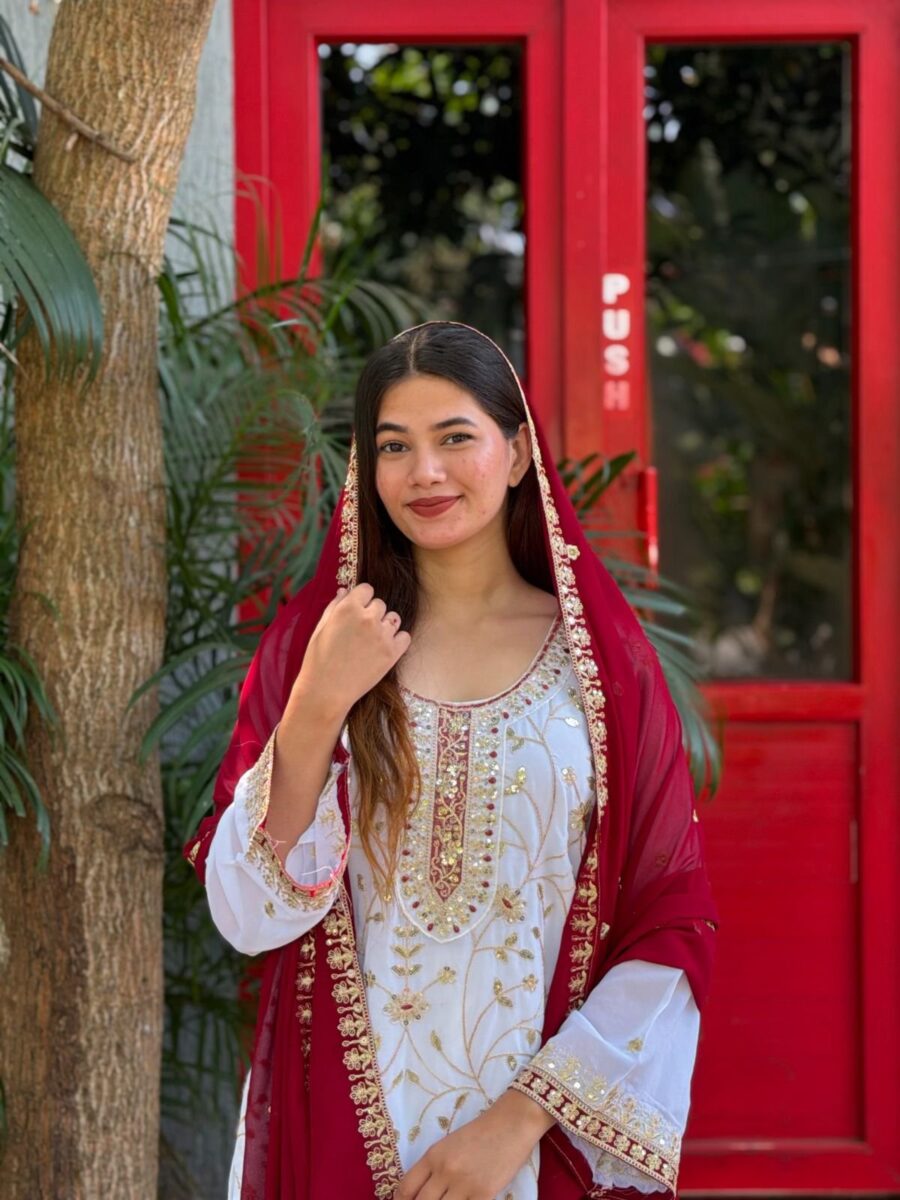 Elegant White Embroidered Kurta Sharara Set with Red Dupatta for women festive wear