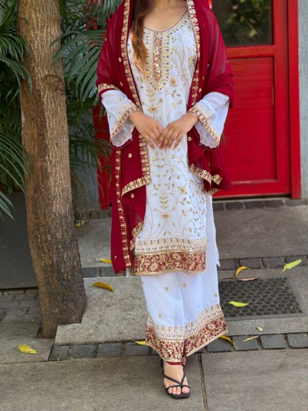 Elegant White Embroidered Kurta Sharara Set with Red Dupatta for women festive wear