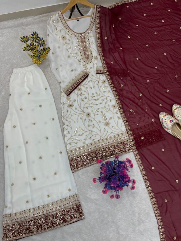 Elegant White Embroidered Kurta Sharara Set with Red Dupatta for women festive wear