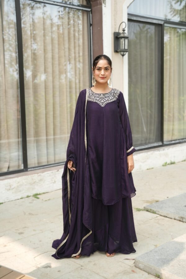 Royal Plum Embroidered Kurta Sharara Set with Dupatta for women festive wear