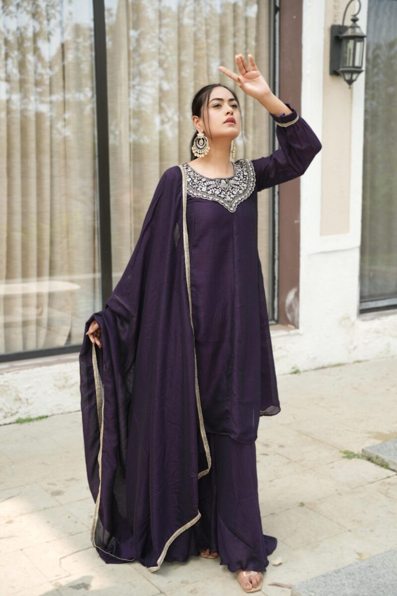Royal Plum Embroidered Kurta Sharara Set with Dupatta for women festive wear