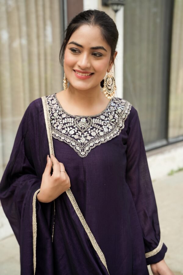 Royal Plum Embroidered Kurta Sharara Set with Dupatta for women festive wear