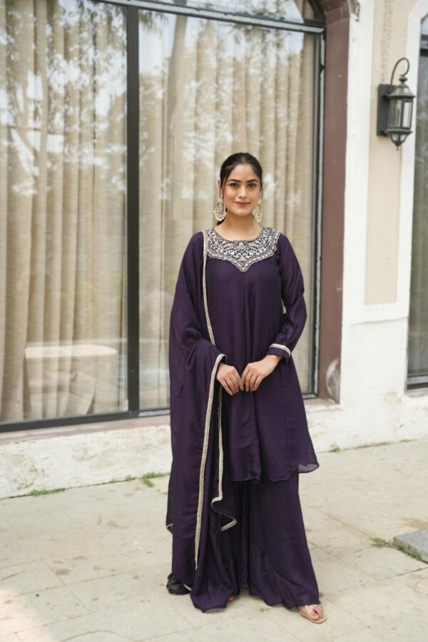 Royal Plum Embroidered Kurta Sharara Set with Dupatta for women festive wear
