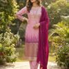 Blush Pink Ombre Chinon Silk Embroidered Kurta Set with Wine Dupatta for women festive wear