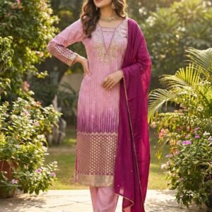 Blush Pink Ombre Chinon Silk Embroidered Kurta Set with Wine Dupatta for women festive wear