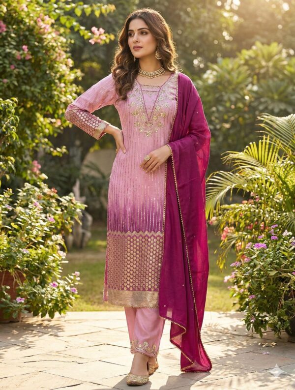 Blush Pink Ombre Chinon Silk Embroidered Kurta Set with Wine Dupatta for women festive wear