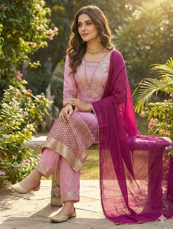 Blush Pink Ombre Chinon Silk Embroidered Kurta Set with Wine Dupatta for women festive wear