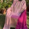Blush Pink Ombre Chinon Silk Embroidered Kurta Set with Wine Dupatta for women festive wear