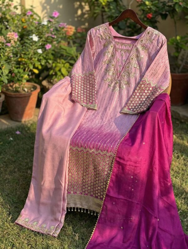 Blush Pink Ombre Chinon Silk Embroidered Kurta Set with Wine Dupatta for women festive wear