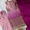 Blush Pink Ombre Chinon Silk Embroidered Kurta Set with Wine Dupatta for women festive wear