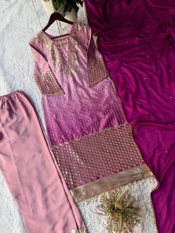 Blush Pink Ombre Chinon Silk Embroidered Kurta Set with Wine Dupatta for women festive wear