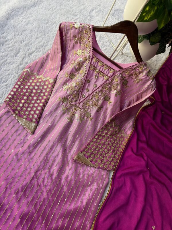 Blush Pink Ombre Chinon Silk Embroidered Kurta Set with Wine Dupatta for women festive wear