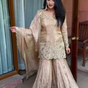 Champagne Gold Chinon Silk Embroidered Sequence Sharara Set with Dupatta for women festive wear