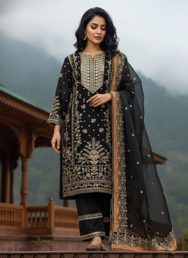 Elegant Black Gym Silk 5mm Sequence & Zari Embroidered Kurta Set with Dupatta for women festive wear