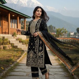 Elegant Black Gym Silk 5mm Sequence & Zari Embroidered Kurta Set with Dupatta for women festive wear