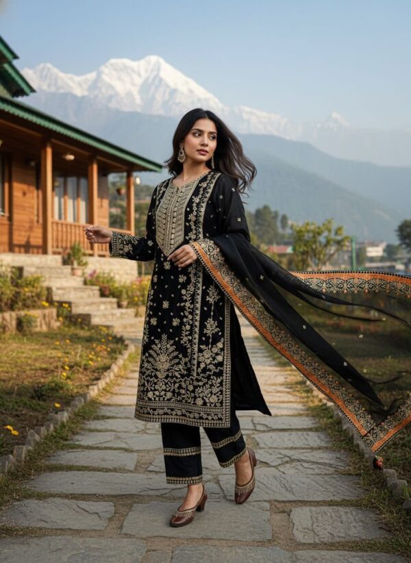 Elegant Black Gym Silk 5mm Sequence & Zari Embroidered Kurta Set with Dupatta for women festive wear