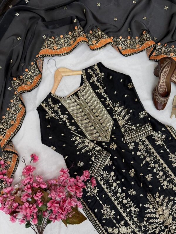 Elegant Black Gym Silk 5mm Sequence & Zari Embroidered Kurta Set with Dupatta for women festive wear